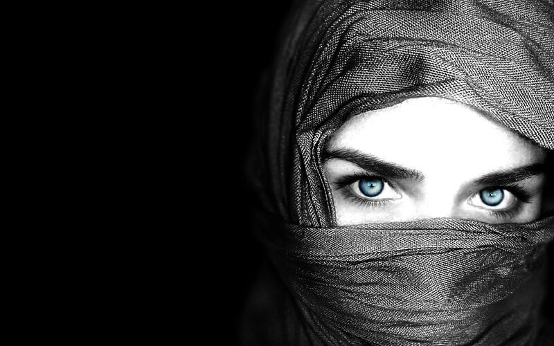 Woman Wearing Headscarf — Black, Dramatic, Photograph, Eyes, White