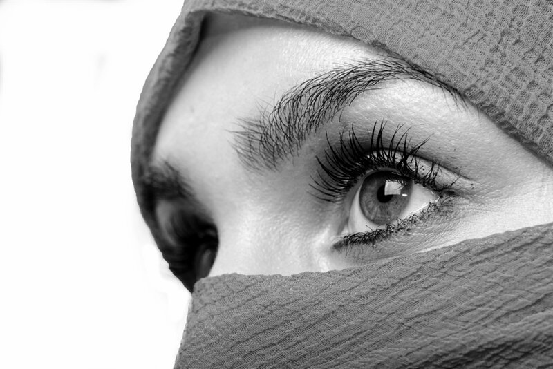 Woman Wearing Headscarf — Black, Dramatic, Photograph