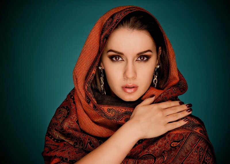 Woman Wearing Headscarf — Brown, Dramatic