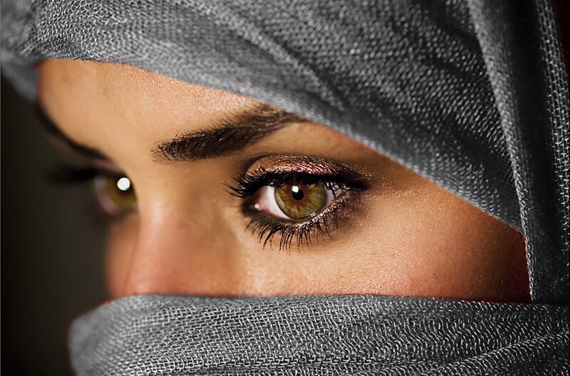 Woman Wearing Headscarf — Gray, Dramatic, Photograph