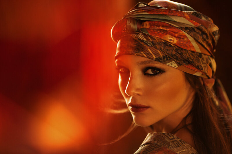 Woman Wearing Headscarf — Red, Dramatic