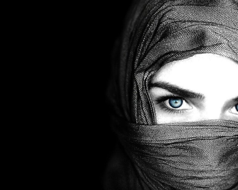 Woman Wearing Hijab — Black, Dramatic, Photograph, Eyes, Black Background, White