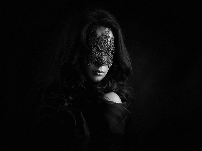 Woman Wearing Lace Mask — Black, Dramatic, Night