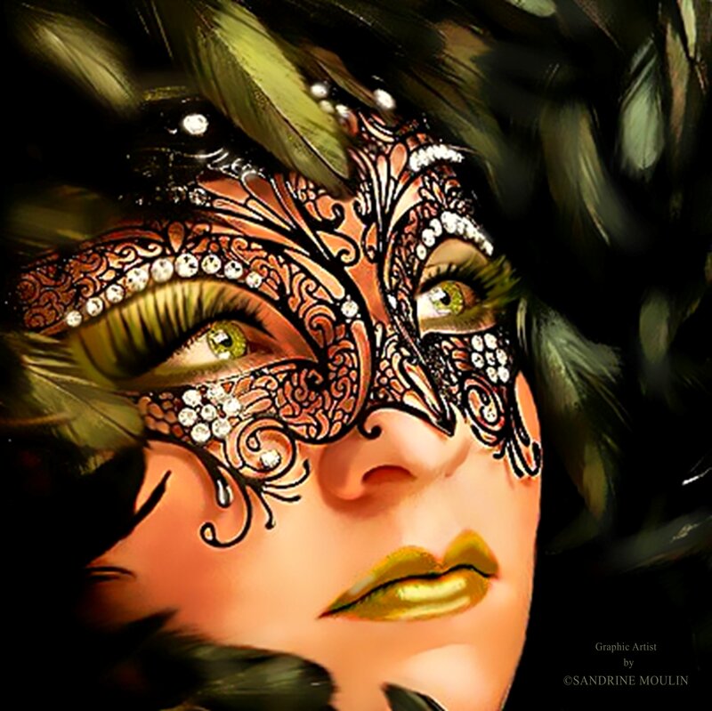 Woman Wearing Mask — Black, Dramatic, Digital Art, Feathers