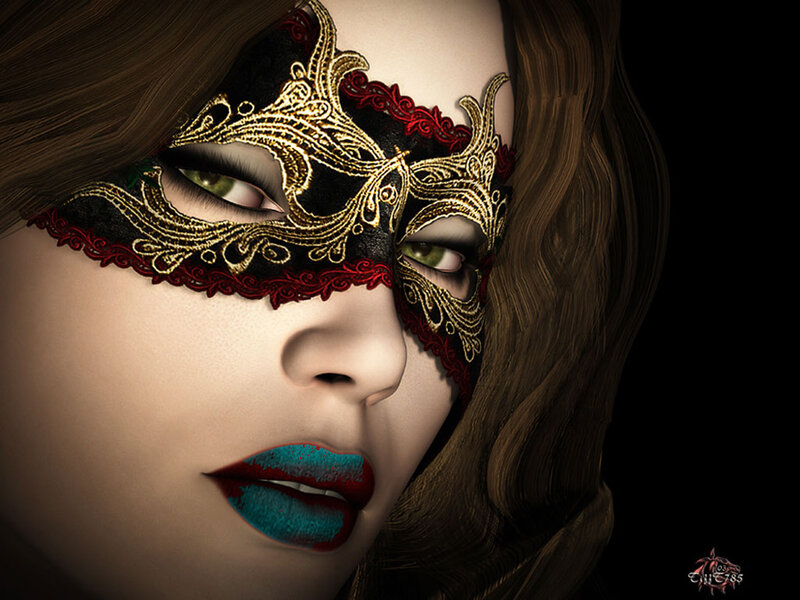 Woman Wearing Mask — Black, Dramatic, Digital Art, Lipstick