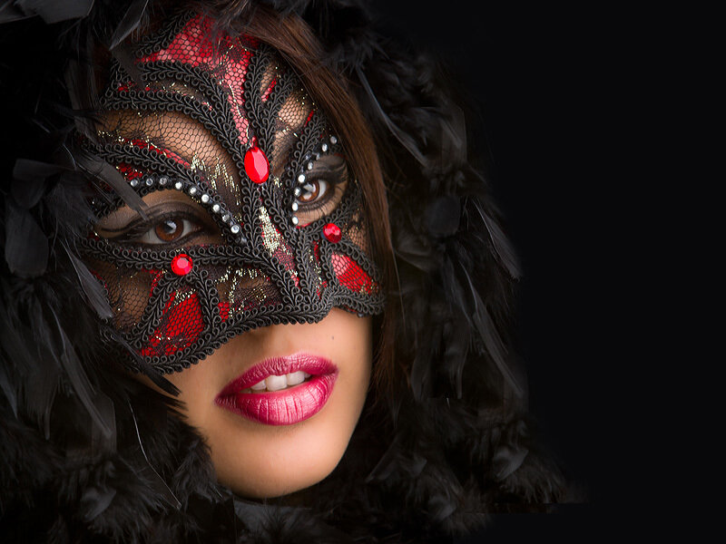 Woman Wearing Mask — Black, Dramatic, Photograph, Feathers, Red Lipstick