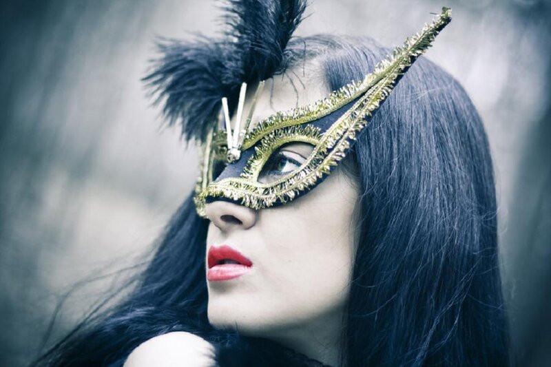 Woman Wearing Mask — Black, Dramatic, Photograph, Feathers