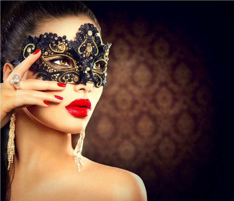 Woman Wearing Mask — Black, Dramatic, Photograph, Red Lipstick, Earrings
