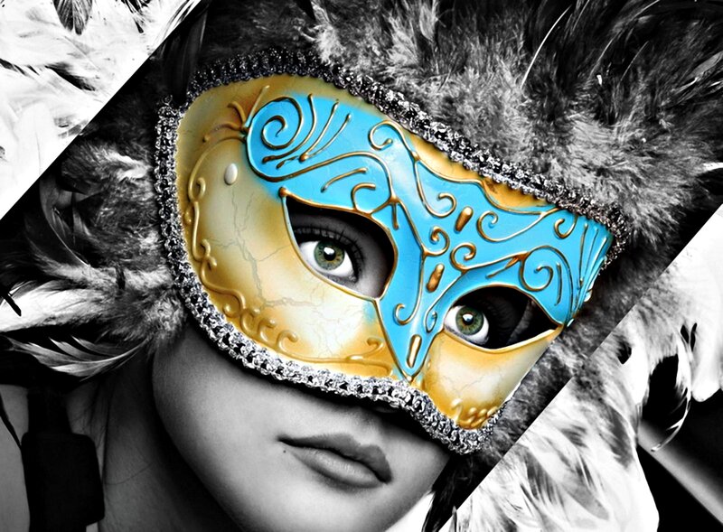 Woman Wearing Mask — Blue, Dramatic, Photograph, Feathers