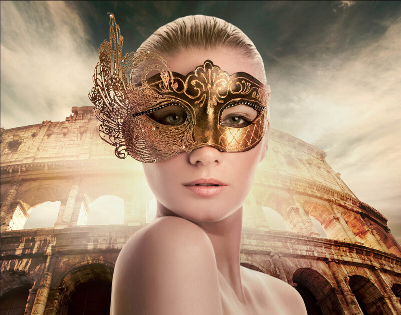 Woman Wearing Mask — Gold, Dramatic, Afternoon