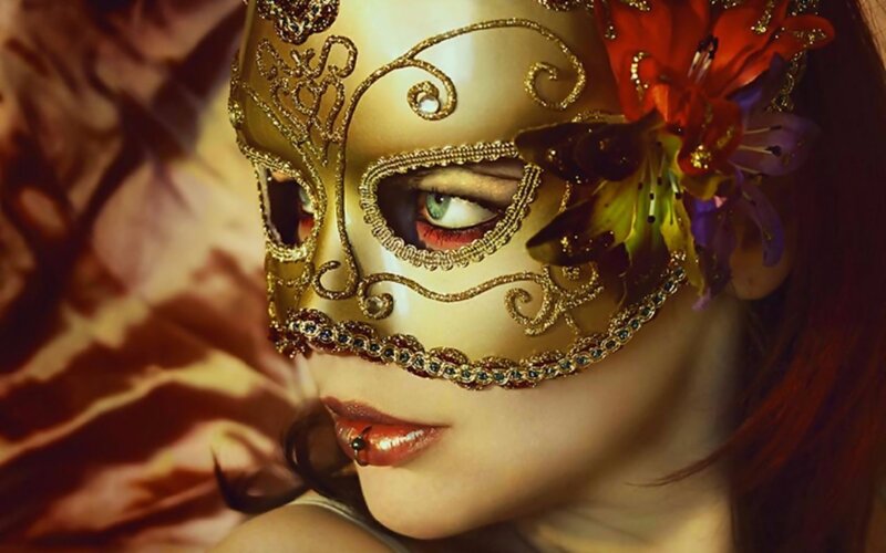 Woman Wearing Mask — Gold, Dramatic, Digital Art, Flower, Lip Piercing