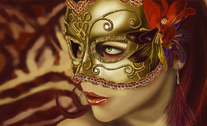 Woman Wearing Mask — Gold, Dramatic, Digital Art, Flower