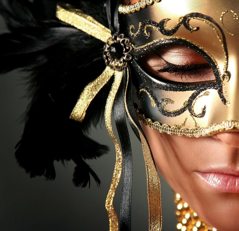 Woman Wearing Mask — Gold, Dramatic, Photograph, Feathers, Ribbon