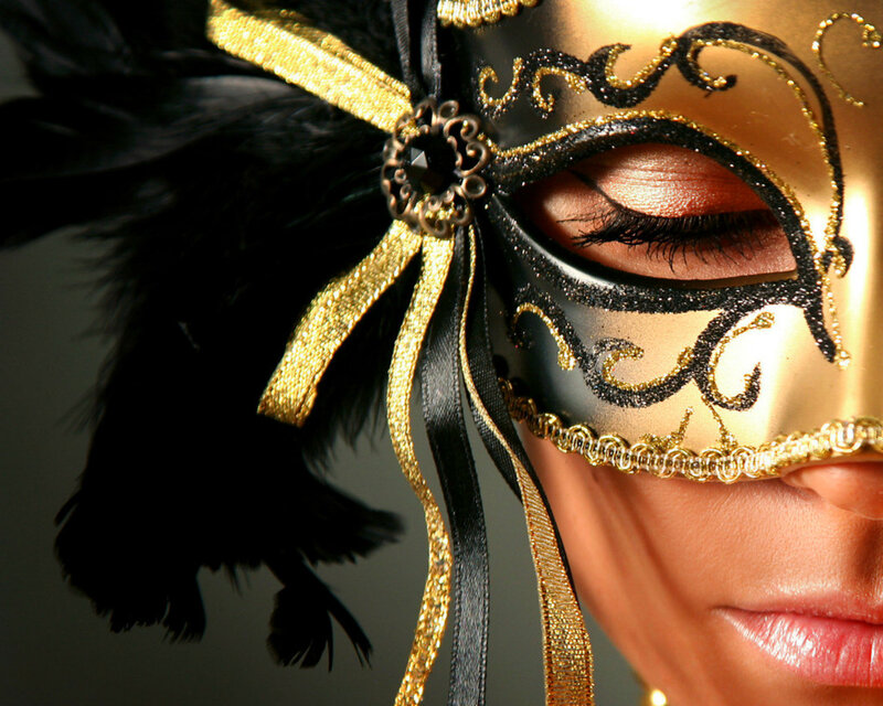 Woman Wearing Mask — Gold, Dramatic, Photograph, Feathers