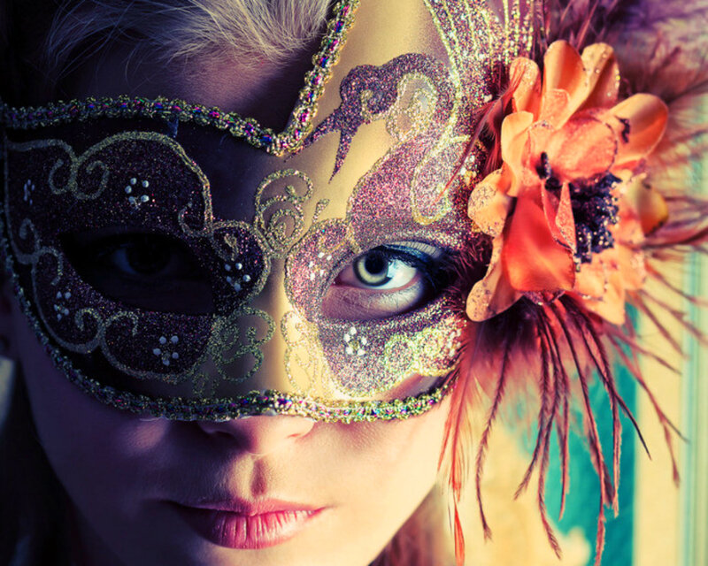 Woman Wearing Mask — Gold, Dramatic, Photograph, Flower, Feathers