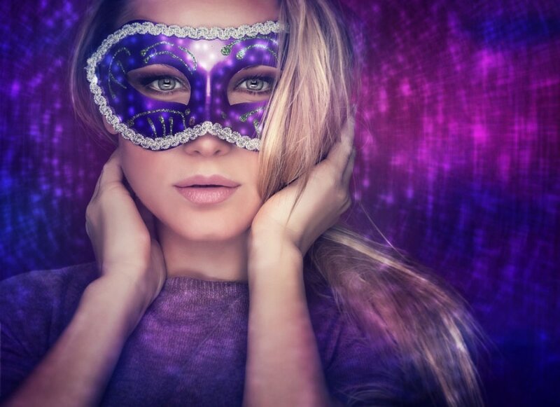 Woman Wearing Mask — Purple, Dramatic, Photograph