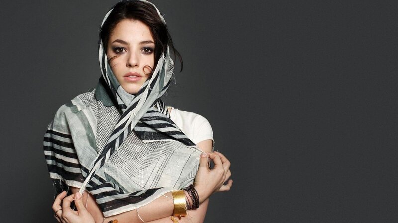 Woman Wearing Scarf — Gray, Serious