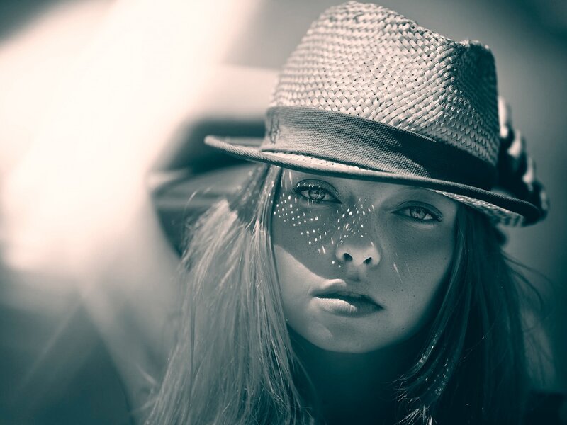 Woman Wearing Straw Hat — Black, Dramatic, Photograph, Hair