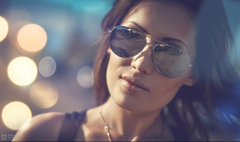 Woman Wearing Sunglasses — Blue, Dramatic, Night
