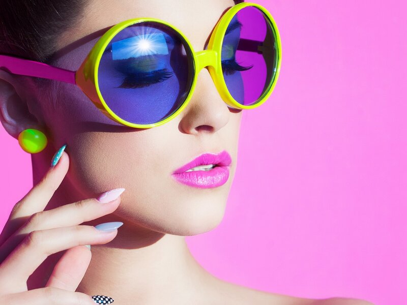 Woman Wearing Sunglasses — Pink, Vibrant, Photograph