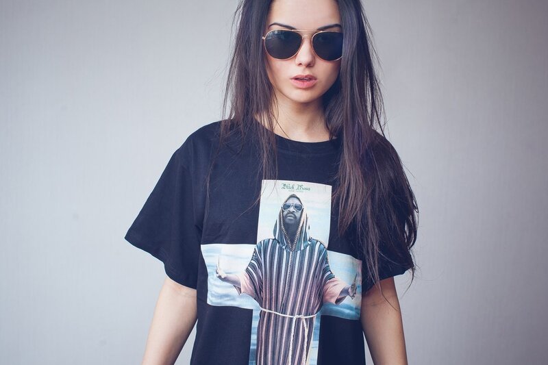 Woman Wearing T-shirt — Black, Neutral, Photograph