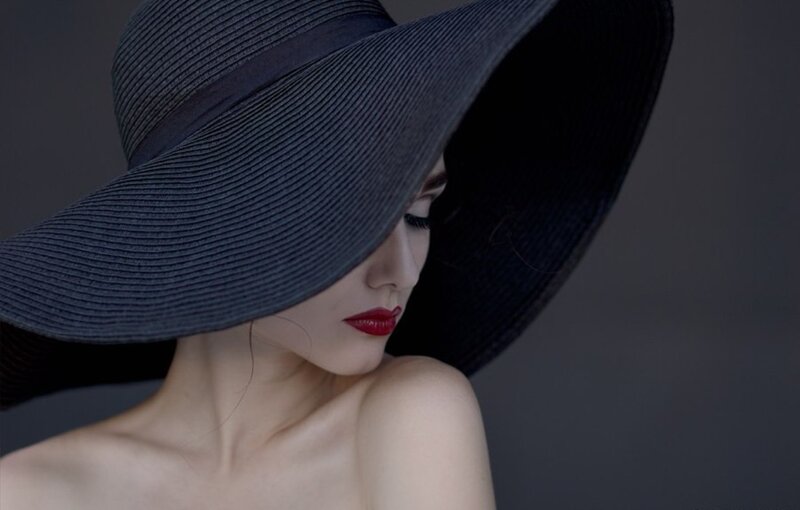 Woman Wearing Wide-brim Hat — Black, Dramatic, Photograph, Red Lipstick
