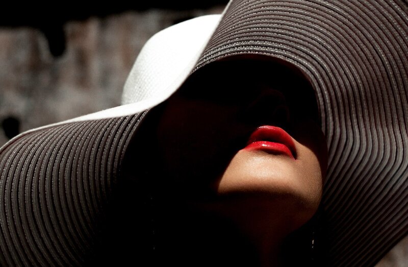 Woman Wearing Wide-brimmed Hat — Black, Dramatic, Photograph, Lips