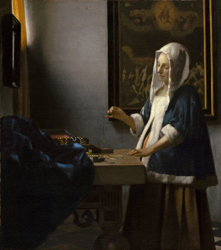 Woman Weighing Gold Coins — Blue