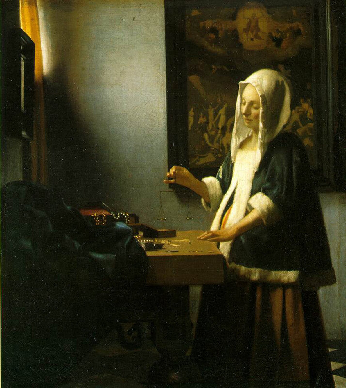 Woman Weighing Gold Coins