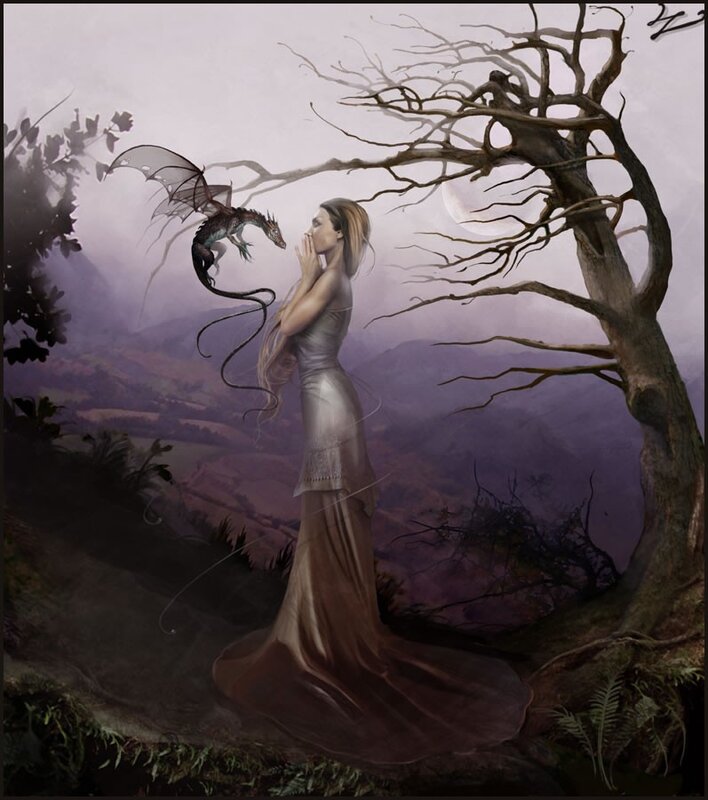 Woman with a dragon in a misty landscape