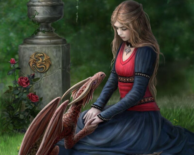 woman with a dragon in garden