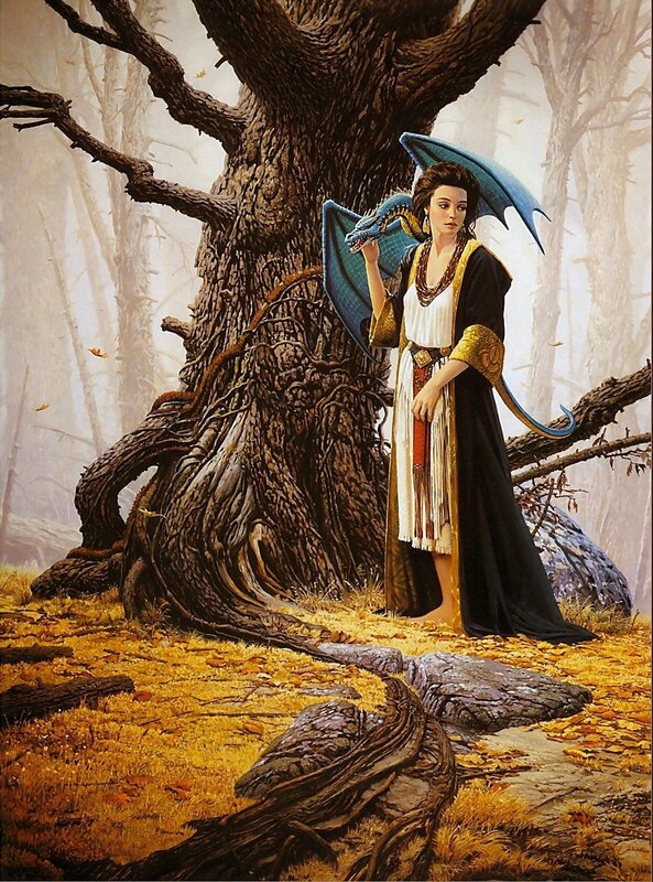 Woman with a dragon in the forest