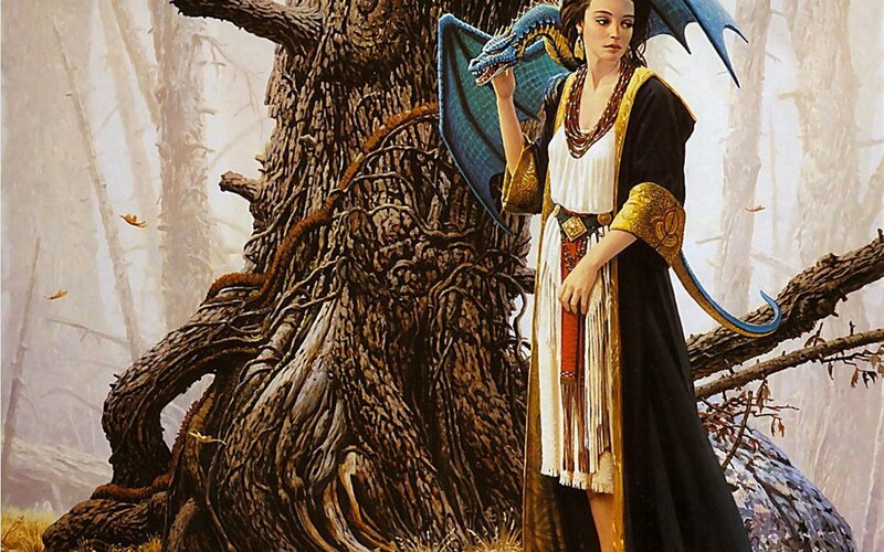 woman with a dragon in the forest