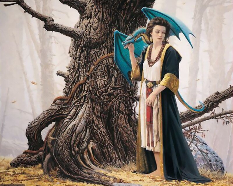 Woman with a dragon in the forest
