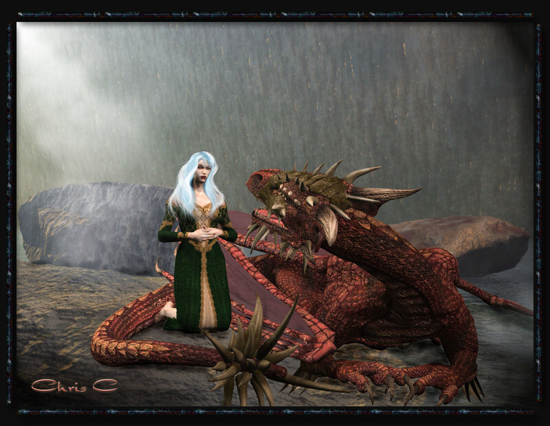 Woman with a dragon in the rain