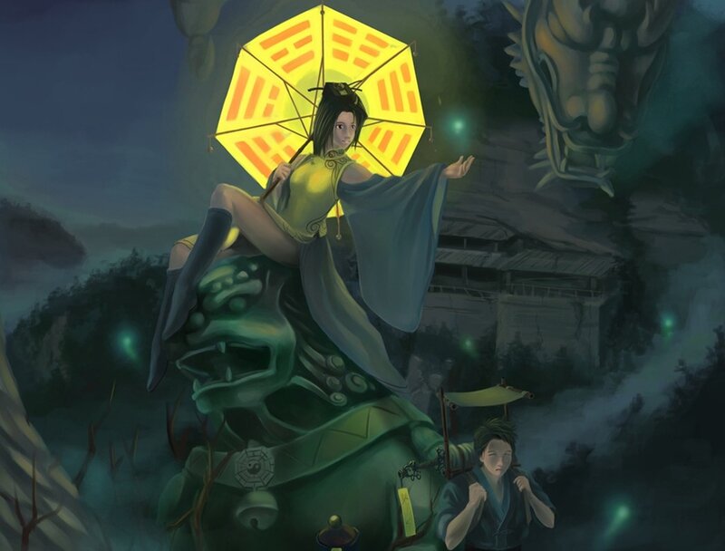 Woman with a glowing umbrella