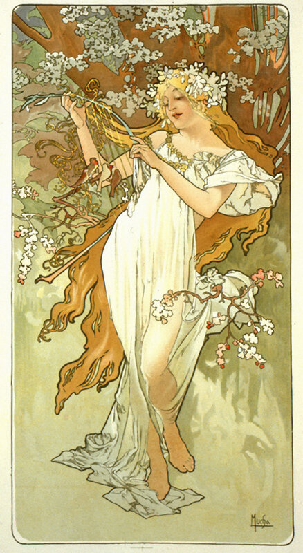 Woman with a harp in a garden