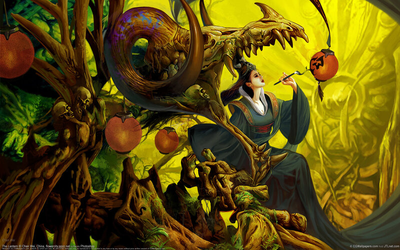 Woman with a lantern in a fantasy forest