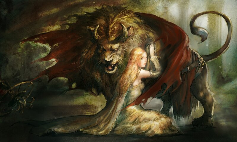 Woman with a lion creature