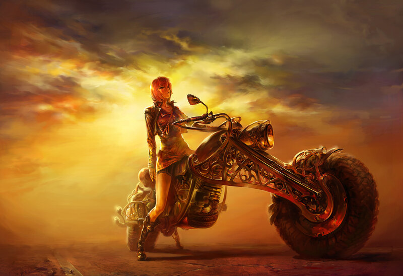 Woman with a motorcycle at sunset
