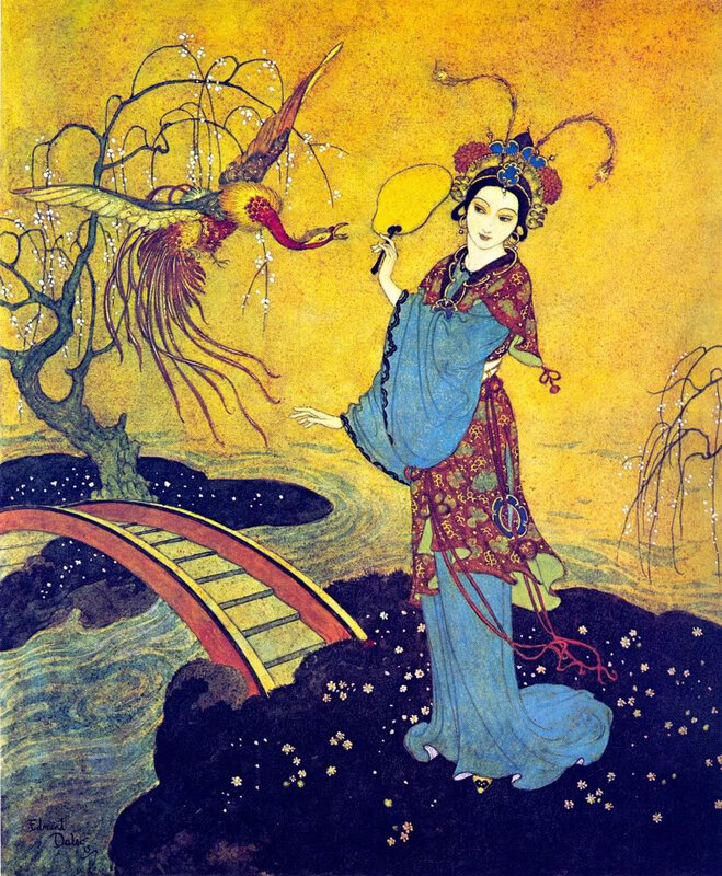 Woman with a phoenix and fan