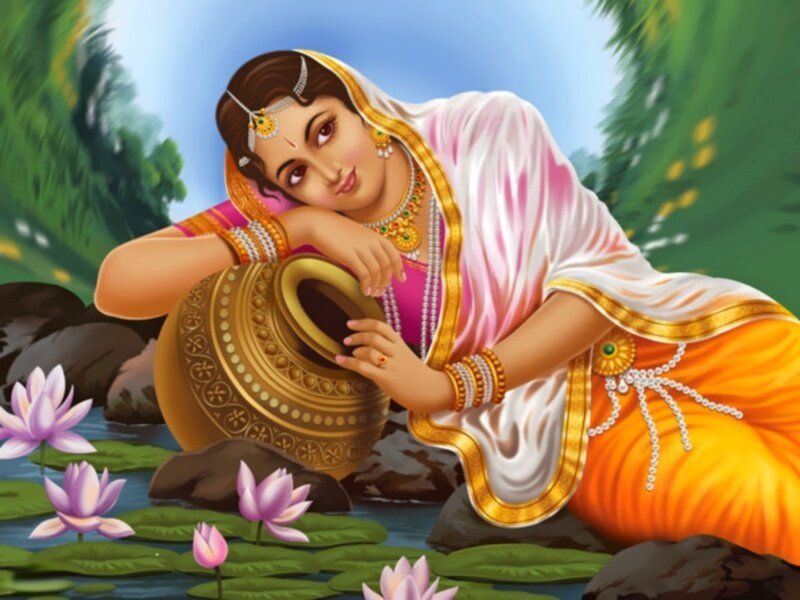 woman with a pot by lotus pond
