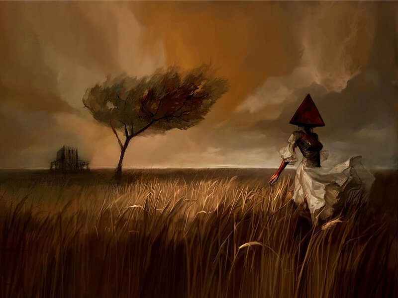 Woman with a red hat in a field