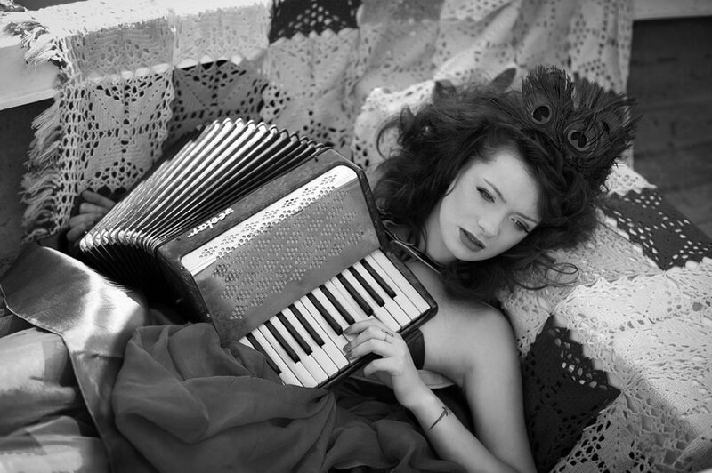 Woman with Accordion — Black, Dramatic