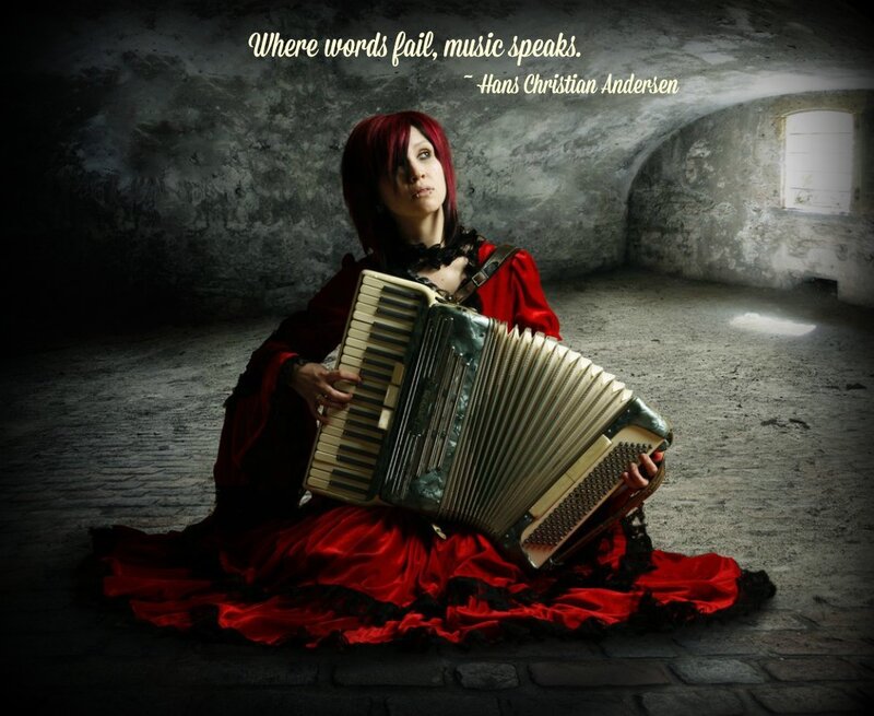 Woman with Accordion — Red, Dramatic