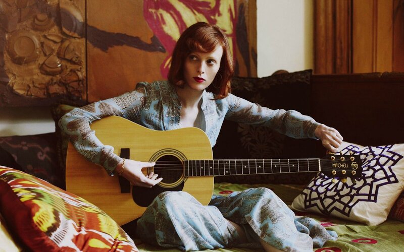 Woman with Acoustic Guitar — Blue, Calm, Photograph