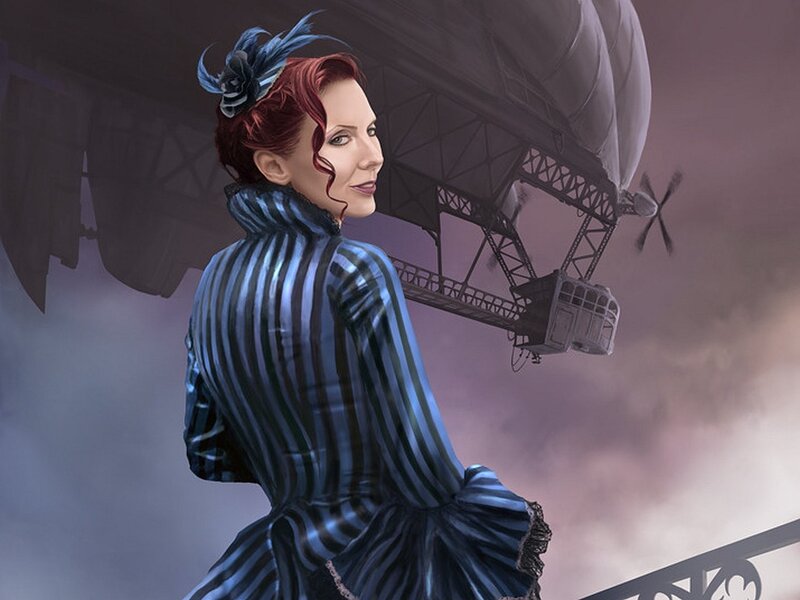 woman with airship in background