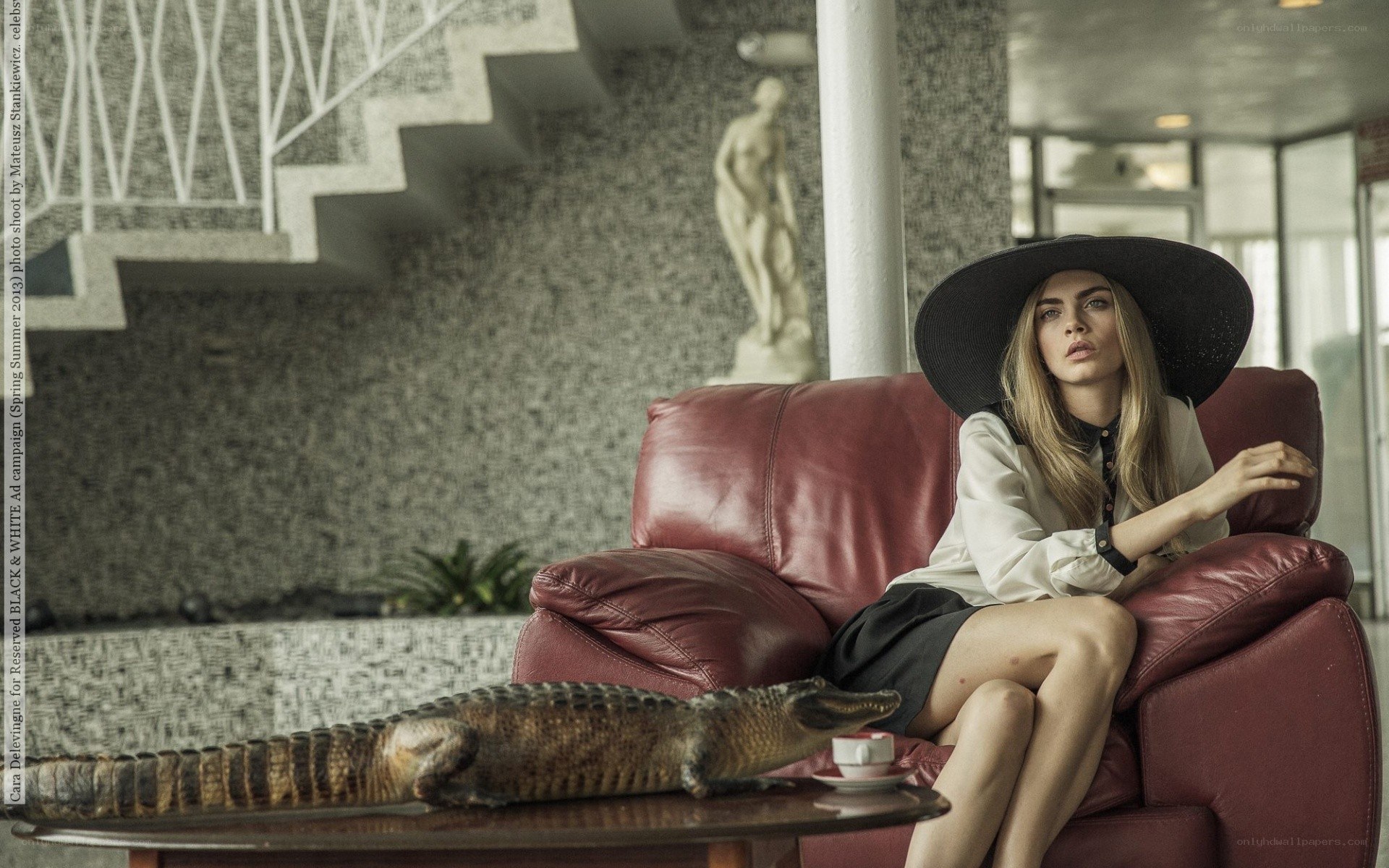 Woman with alligator on table