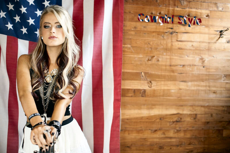 Woman with American Flag — Red, Confident