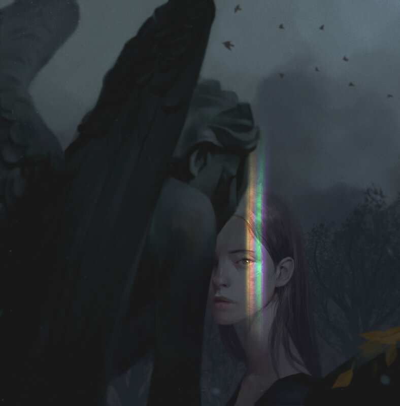 Woman with Angel Statue — Gray